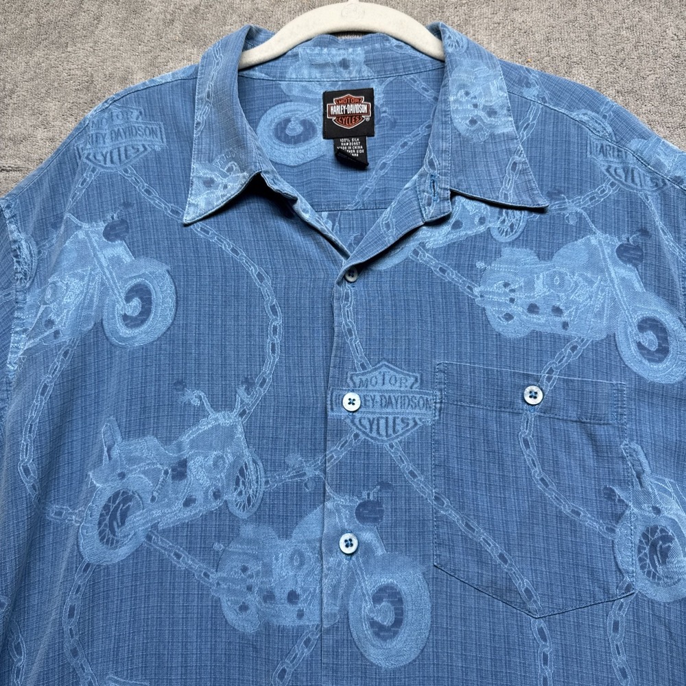 Harley-Davidson Men's Blue Silk Hawaiian Shirt Small‎ Motorcycle Logo Camp Print